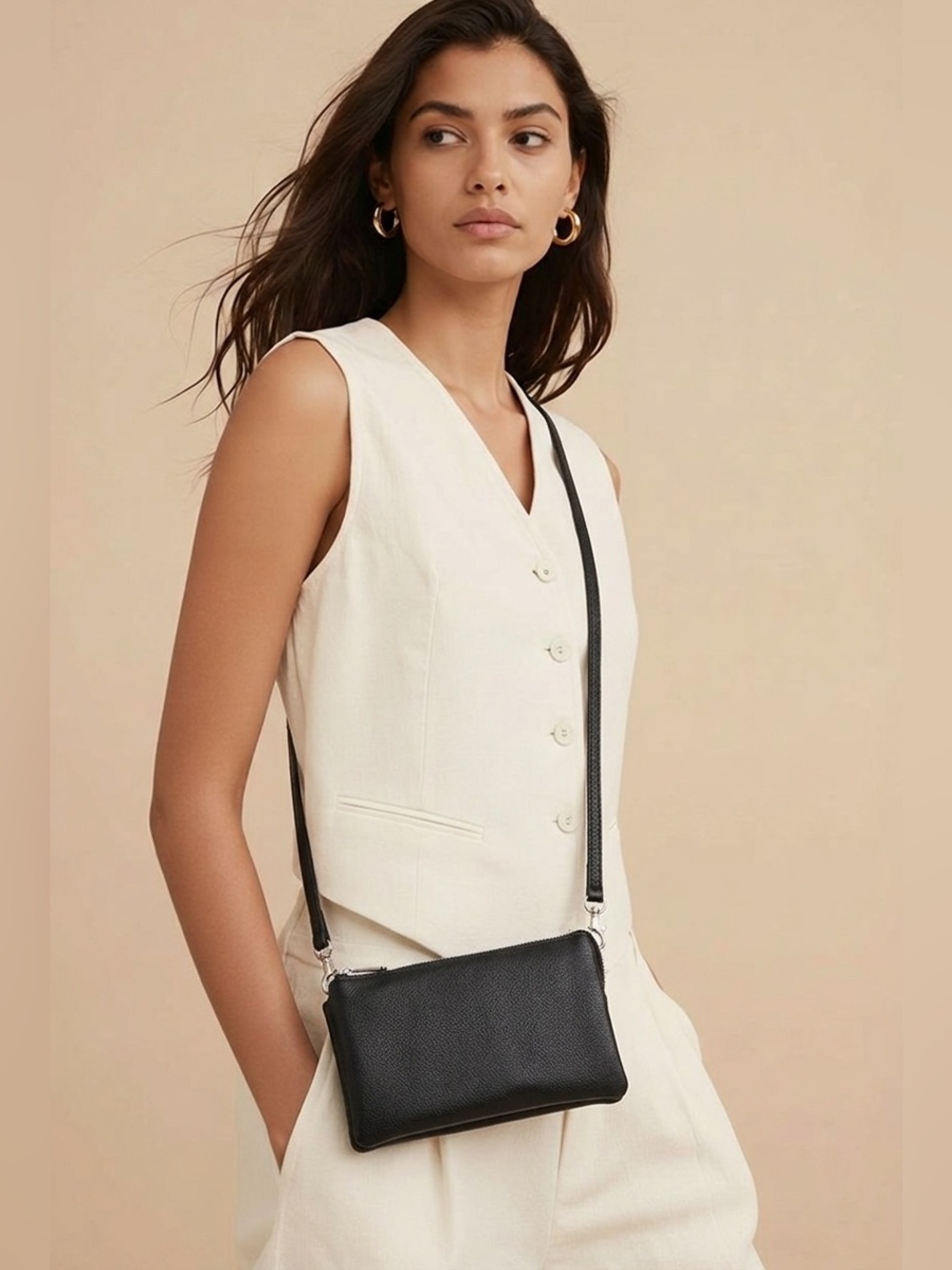 NWT Brentano Black Vegan Leather Multi Pockets Crossbody Small Bag Purse Clutch